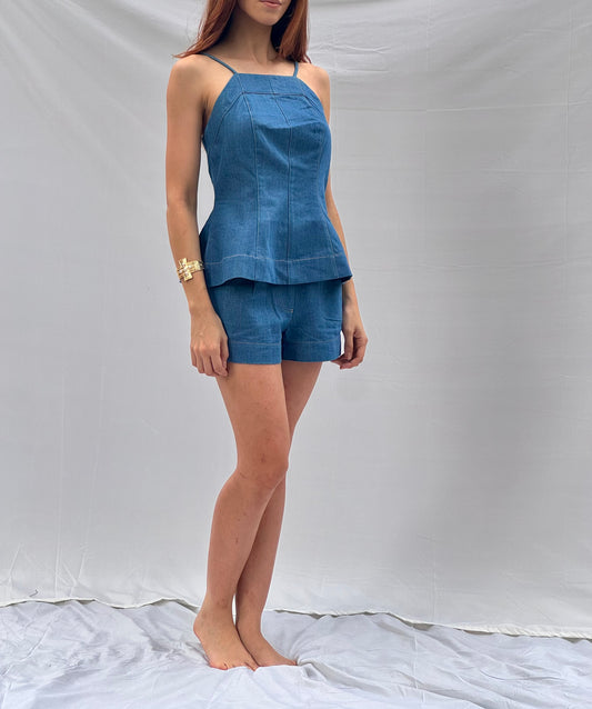 Peplum Denim Shorts Set