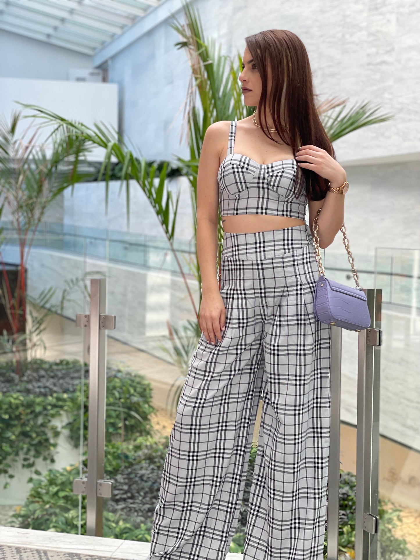 CONTRAST PLAID PANT SET